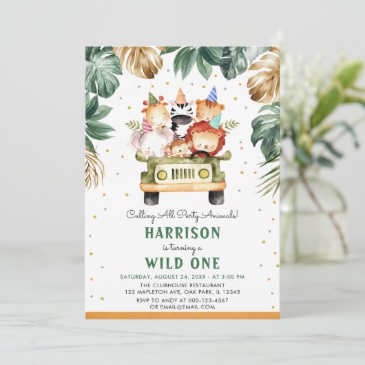 Greenery Gold Wild One Safari Animals 1e Bithday Kaart (Staand voorkant)