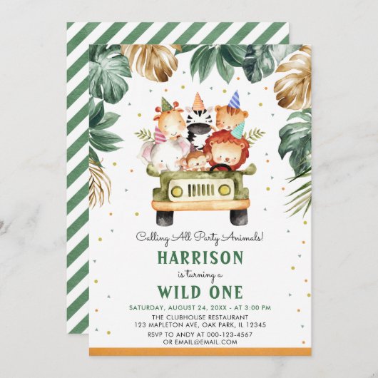 Greenery Gold Wild One Safari Animals 1e Bithday Kaart (Voorkant / Achterkant)