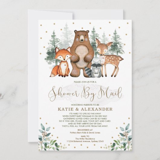 Greenery Gold Woodland Animals Baby shower per pos Kaart (Voorkant)