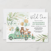 Greenery Gold Woodland Animals Wild One Birthday Kaart (Voorkant)
