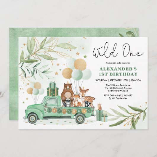 Greenery Gold Woodland Animals Wild One Birthday Kaart (Voorkant / Achterkant)