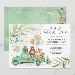 Greenery Gold Woodland Animals Wild One Birthday Kaart