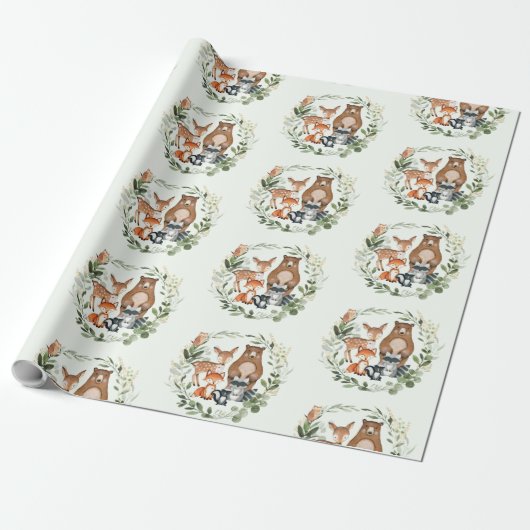 Greenery Gold Woodland Forest Baby Animals Cadeaupapier (Uitgerold)