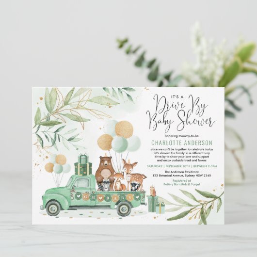 Greenery Gold Woodland rijden door Baby shower Kaart (Staand voorkant)
