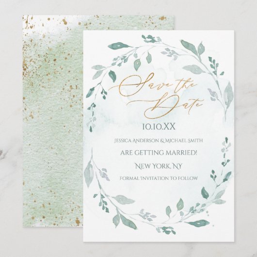 Greenery Gold WreatWaterverf Save the Date Kaart (Voorkant / Achterkant)
