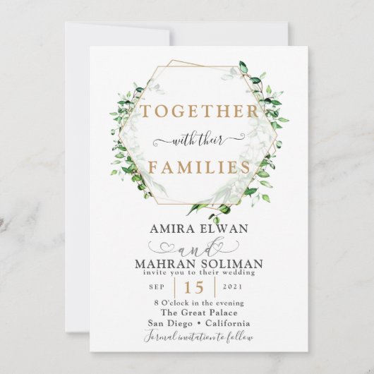 Greenery Golden Lijst Waterverf Wedding Kaart (Voorkant)