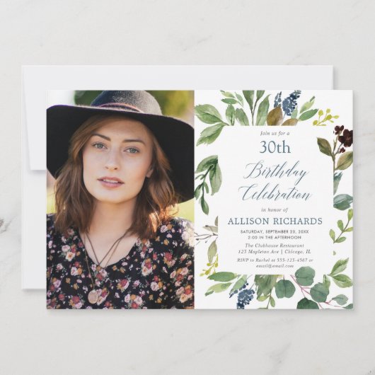 Greenery green bladeren stoffige blauwe verjaardag kaart (Voorkant)