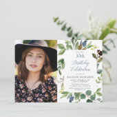 Greenery green bladeren stoffige blauwe verjaardag kaart (Staand voorkant)