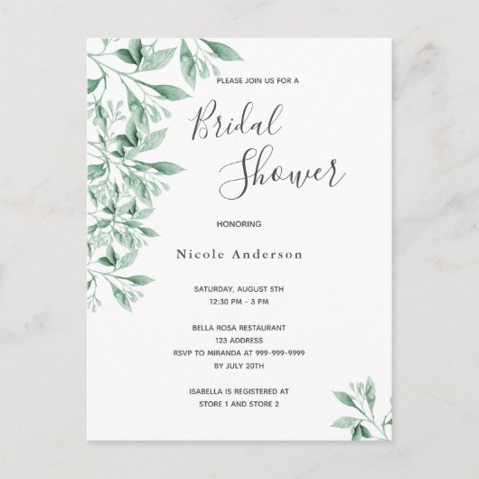 Greenery green botanical Bridal Shower-uitnodiging Briefkaart (Voorkant)