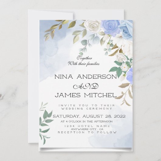 Greenery Green en bleu Wedding Invitation Kaart (Voorkant)