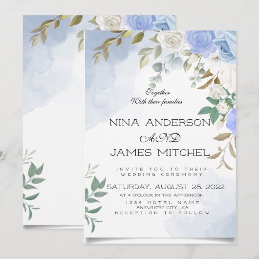 Greenery Green en bleu Wedding Invitation Kaart (Voorkant / Achterkant)
