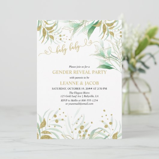 Greenery Green en Gold Elegant Gender onthullen Kaart (Staand voorkant)