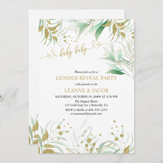 Greenery Green en Gold Elegant Gender onthullen Kaart (Voorkant / Achterkant)