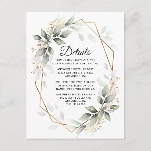 Greenery Green en Gold Geometric Rustic Wedding Informatiekaartje (Voorkant)