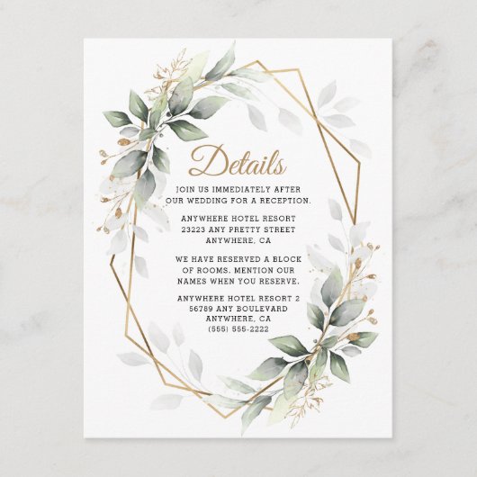 Greenery Green en Gold Geometric Rustic Wedding Informatiekaartje (Voorkant)