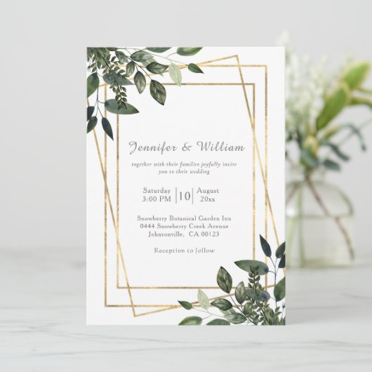 Greenery Green en Gold Geometric Rustic Wedding Kaart (Staand voorkant)