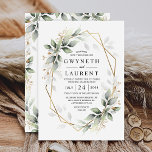 Greenery Green en Gold Geometric Rustic Wedding Kaart<br><div class="desc">Het ontwerp biedt een waterverf met een luchtmengsel van grijze bladeren en takken in verschillende groene tinten met bedrukte bladelementen voor gouden vormgeving boven een goudkleurig geometrisch lijst.</div>