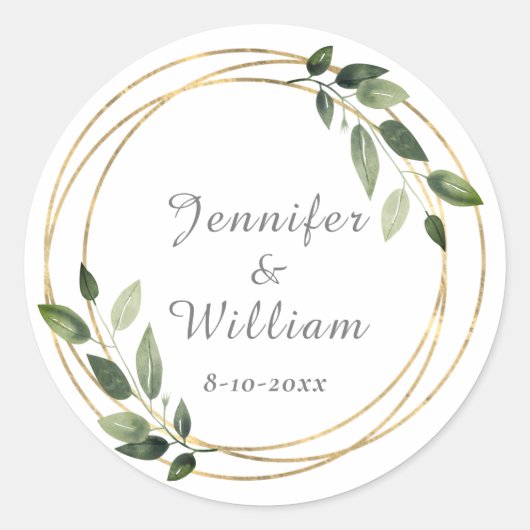 Greenery Green en Gold Geometric Rustic Wedding Ronde Sticker (Voorkant)