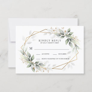 Greenery Green en Gold Geometric Rustic Wedding RSVP Kaartje