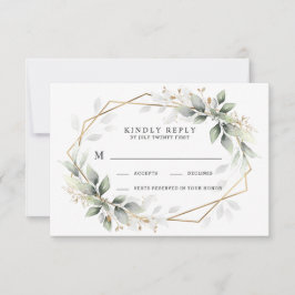 Greenery Green en Gold Geometric Rustic Wedding RSVP Kaartje