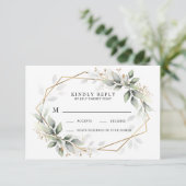 Greenery Green en Gold Geometric Rustic Wedding RSVP Kaartje (Staand voorkant)