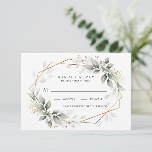 Greenery Green en Gold Geometric Rustic Wedding RSVP Kaartje (Staand voorkant)