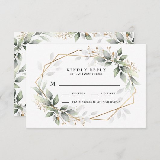 Greenery Green en Gold Geometric Rustic Wedding RSVP Kaartje (Voorkant / Achterkant)