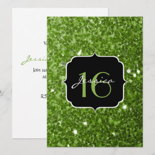 Greenery Green glitter sparkles Sweet 16 Invite Kaart