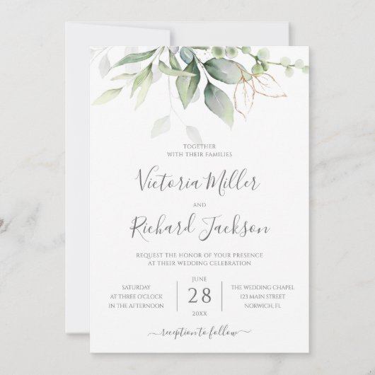 Greenery Green Gold Geometric Rustic Wedding Kaart (Voorkant)