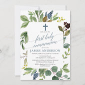 Greenery green leaves dusty blue first communy kaart (Voorkant)