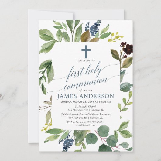 Greenery green leaves dusty blue first communy kaart (Voorkant)