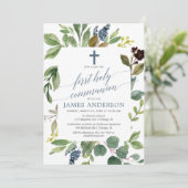 Greenery green leaves dusty blue first communy kaart (Staand voorkant)