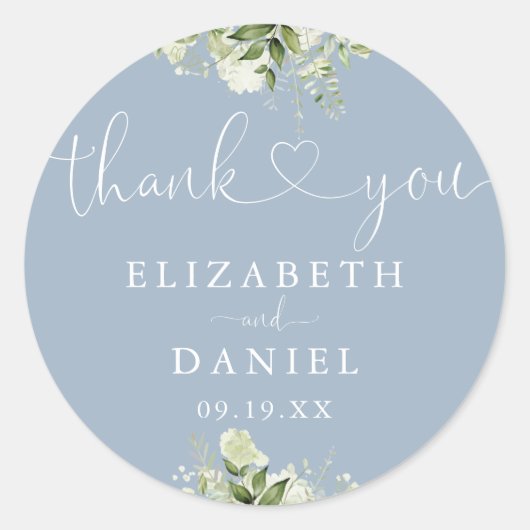 Greenery Heart Script Dusty Blue Wedding Favoriet Ronde Sticker (Voorkant)