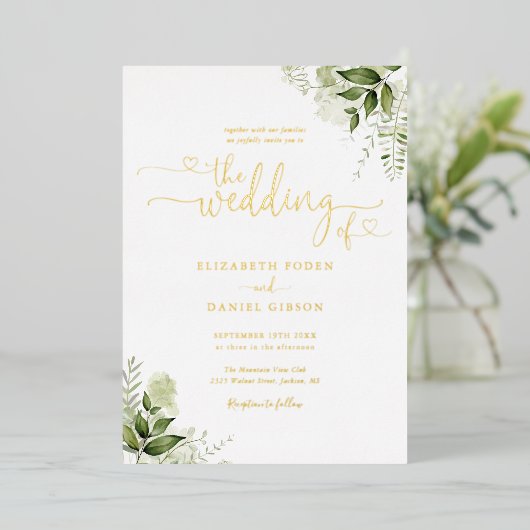 Greenery Hearts Script Calligraphy Weddenschap Gol Folie Uitnodiging (Staand Voorkant)