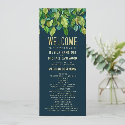 Greenery Herfst Green Gold Leaves Foliage Wedding Programmakaart (Staand voorkant)