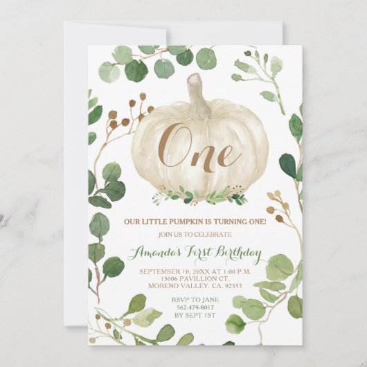 Greenery Herfst White Pumpkin 1st Birthday   Kaart (Voorkant)