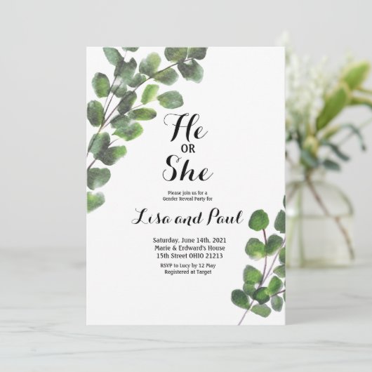 Greenery Hij of zij Gender Reveal Uitnodiging (Staand voorkant)