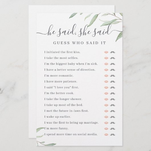 Greenery Hij zei dat ze vrijgezellenfeest spel zei (Voorkant / Achterkant)