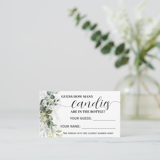 Greenery Hoeveel Snoepjes Baby shower game card Plaatskaartje (Staand voorkant)