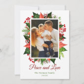 Greenery Holly Berries Peace and Love Photo Feestdagenkaart (Voorkant)