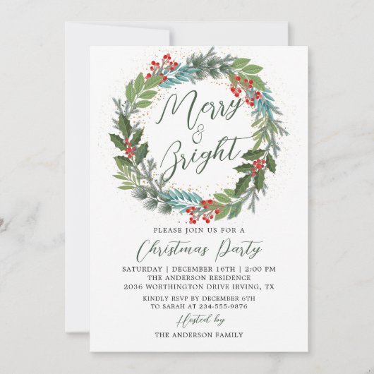 Greenery Holly Berries Wreath kerstparty Kaart (Voorkant)