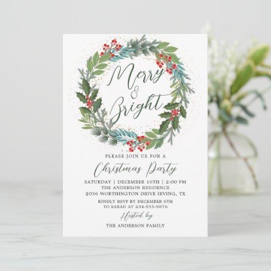Greenery Holly Berries Wreath kerstparty Kaart (Staand voorkant)