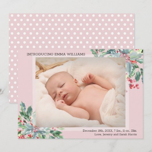 Greenery Holly Bouquet Foto Holiday Pink Birth Aankondiging (Voorkant / Achterkant)
