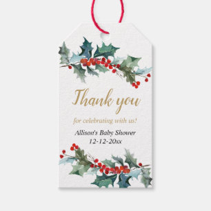 Greenery holly red Gold Kerstmis baby shower Cadeaulabel