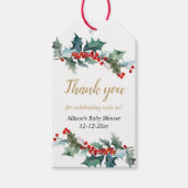 Greenery holly rood gouden kerst baby shower cadeaulabel (Voorkant)