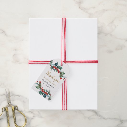 Greenery holly rood gouden kerst baby shower cadeaulabel (Met Touw)