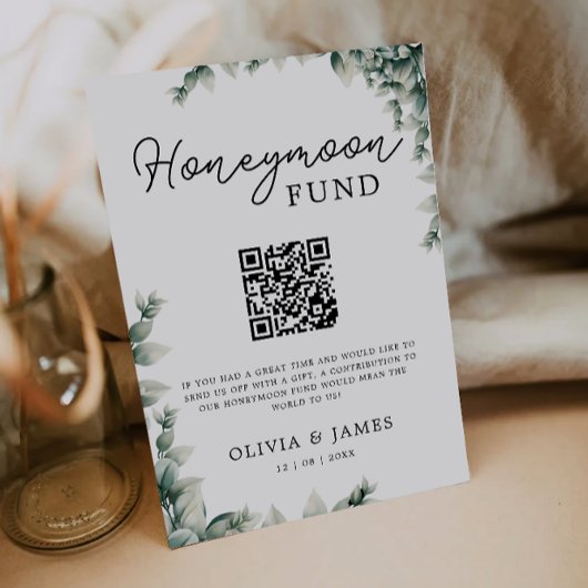 Greenery Honeymoon Fund QR Code Sign, bruiloft Kaart