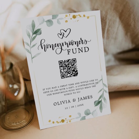 Greenery Honeymoon Fund QR Code Sign, bruiloft Kaart