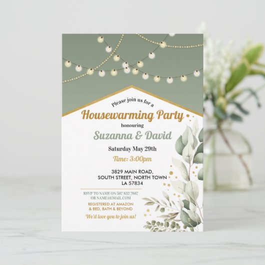 Greenery Housewarming Spring Green Lights Party Kaart (Staand voorkant)