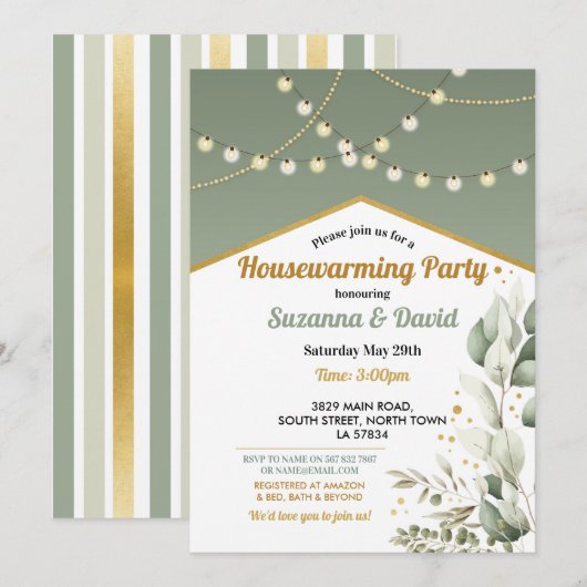 Greenery Housewarming Spring Green Lights Party Kaart (Voorkant / Achterkant)